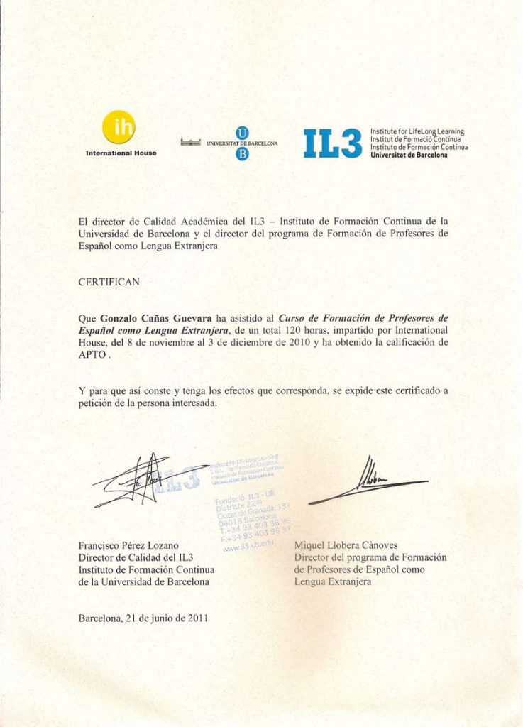Universitat de Barcelona Certificate of Expert Teacher of Spanish